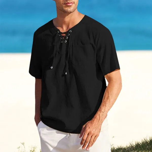 Men's Tie Pocket Loose V-Neck Solid Short Sleeve Shirt - Spiretime.com 