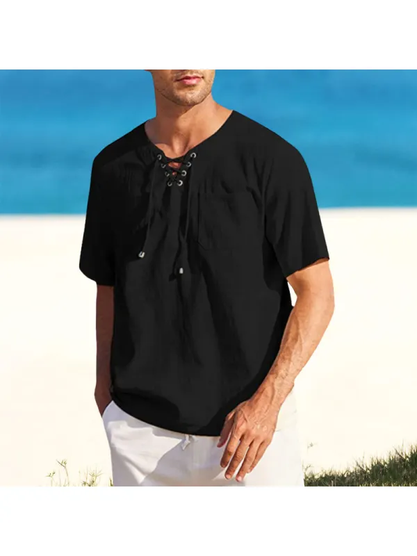 Men's Tie Pocket Loose V-Neck Solid Short Sleeve Shirt - Ootdmw.com 