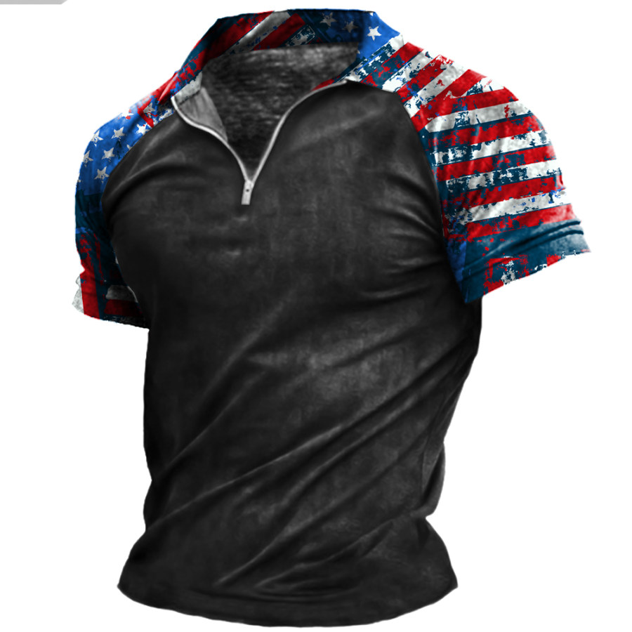

Men's American Flag Patchwork Zip Polo Neck T-Shirt