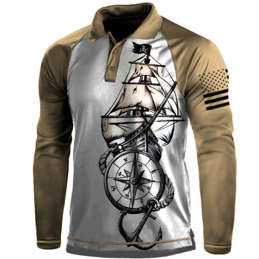 

Men's Vintage Sailing Compass Anchor Print Polo Neck Long Sleeves