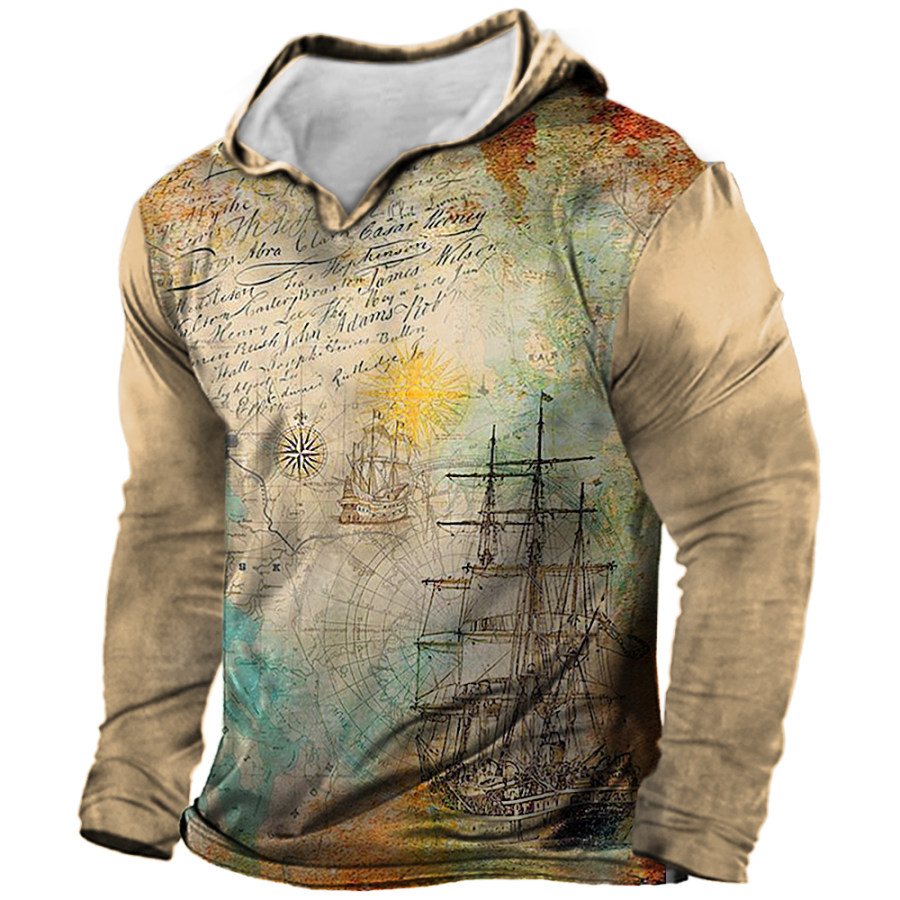 

Men's Vintage Ocean Sailing Compass Print Hooded Long Sleeve T-Shirt