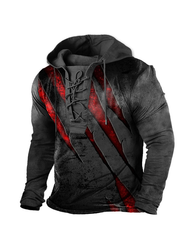 Men's Vintage Outdoor Tactical Lace-Up Hooded T-Shirt