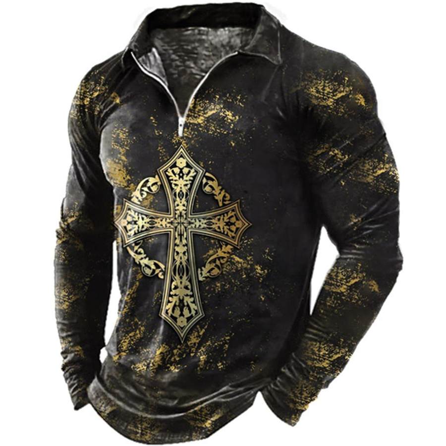 

Men's Vintage Cross Zip Polo Long Sleeve T-Shirt