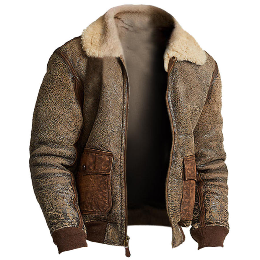 

Men's Vintage Fleece Lined Fur Collar Outdoor Warm Leather Jacket