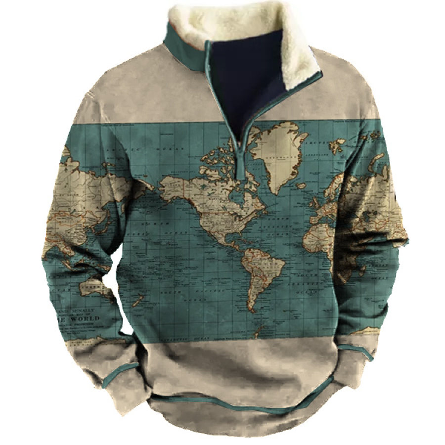 

Men's Vintage World Map Print Zipper Sweatshirt