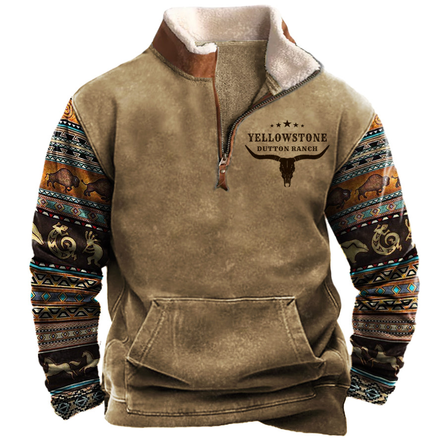 

Men's Aztec Hoodies Vintage Western Yellowstone Colorblock Zipper Stand Collar Fleece Sweatshirt