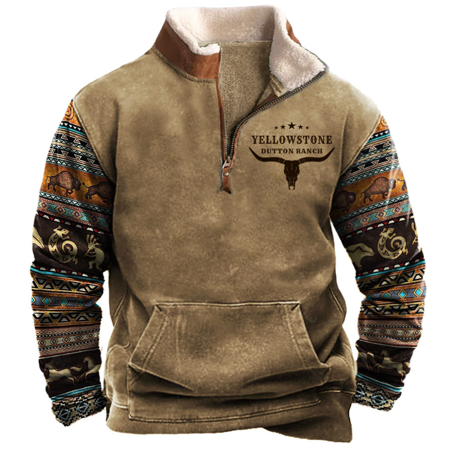 

Herren Vintage Western Yellowstone Colorblock Reißverschluss Stehkragen Sweatshirt