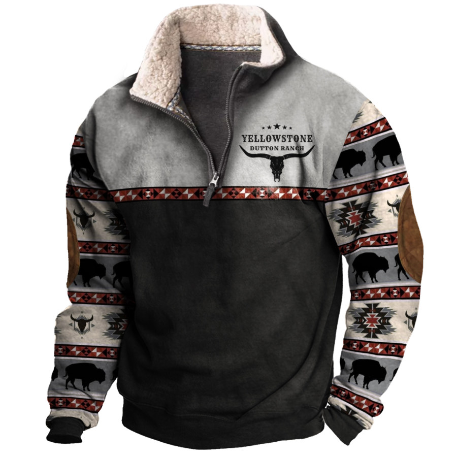 

Men's Aztec Cowboy Vintage Western Yellowstone Colorblock Zipper Stand Collar Sweatshirt