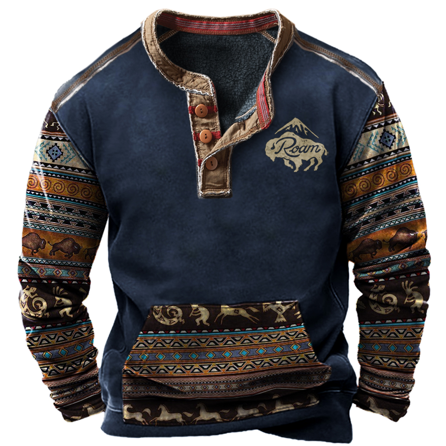 Men's Vintage Western Cowboy Chic Colorblock Henry Collar Sweatshirt