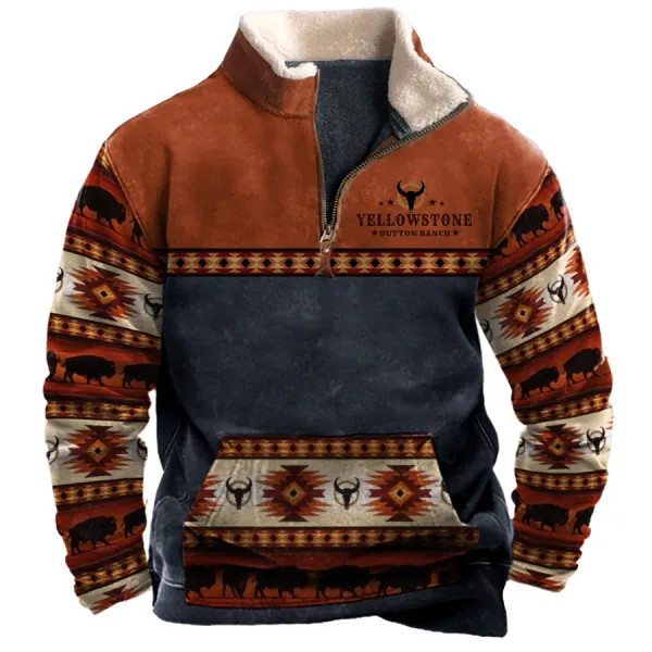 Men's Vintage Western Yellowstone Colorblock Zipper Stand Collar Sweatshirt - Nikiluwa.com 