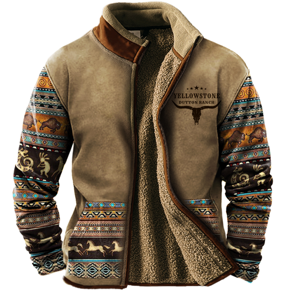 Men's Vintage West Yellowstone Chic Colorblock Sherpa Wool Zipper Stand Collar Jacket