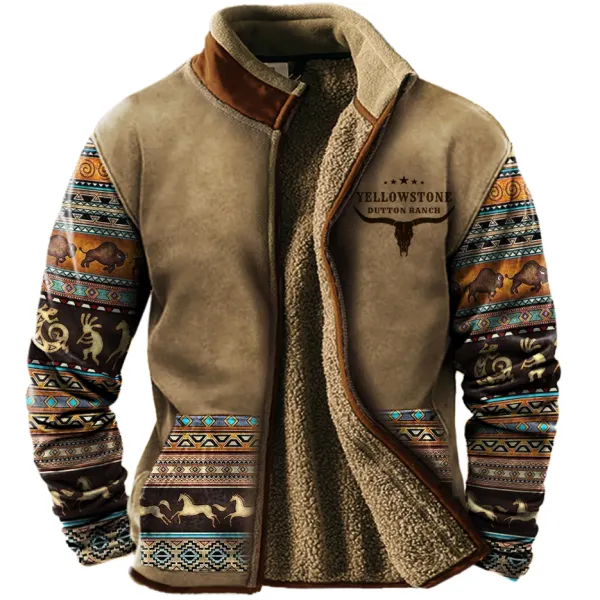 Men's Vintage West Yellowstone Colorblock Sherpa Wool Zipper Stand Collar Jacket - Nikiluwa.com 