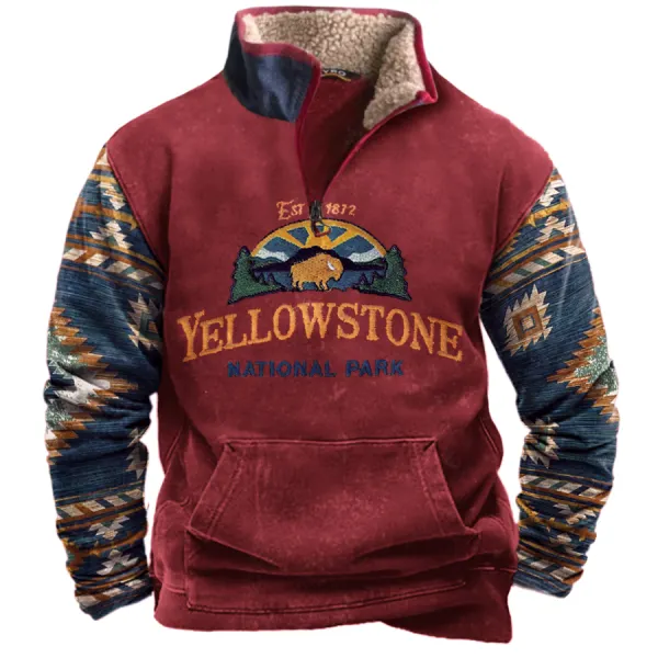 Men's Vintage Western Ethnic Style Yellowstone Zipper Stand Collar Sweatshirt - Sanhive.com 
