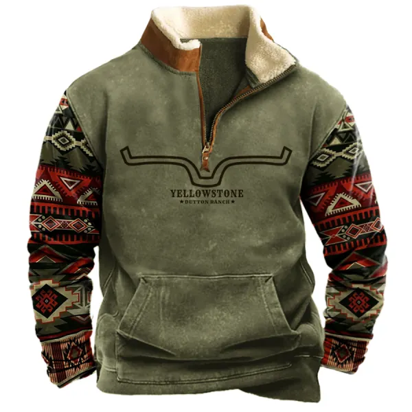Men's Vintage Western Yellowstone Colorblock Zipper Stand Collar Sweatshirt - Mosaicnew.com 