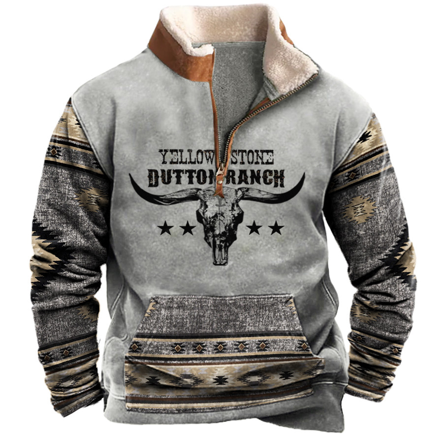 

Men's Vintage Western Yellowstone Colorblock Zipper Stand Collar Sweatshirt