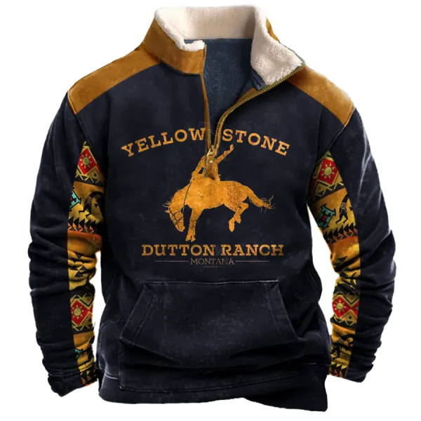 Men's Vintage Western Yellowstone Colorblock Zipper Stand Collar Sweatshirt - Ootdyouth.com 