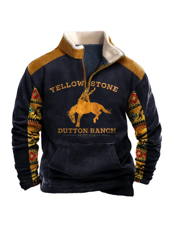 Men's Vintage Western Yellowstone Colorblock Zipper Stand Collar Sweatshirt - Valiantlive.com 