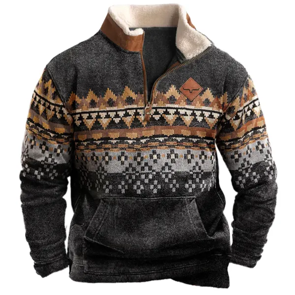 Men's Vintage Western Ethnic Style Zipper Stand Collar Sweatshirt - Kalesafe.com 