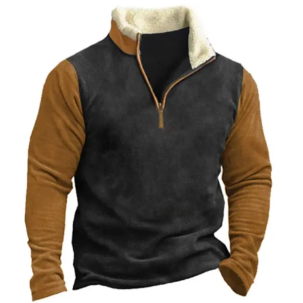 Mens Vintage Color Patchwork Outdoor Fur Collar Sweatshirt - Nikiluwa.com 