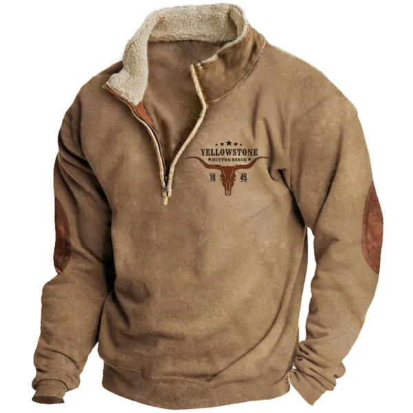 Men's Vintage Western Yellowstone Zipper Stand Collar Sweatshirt - Kalesafe.com 