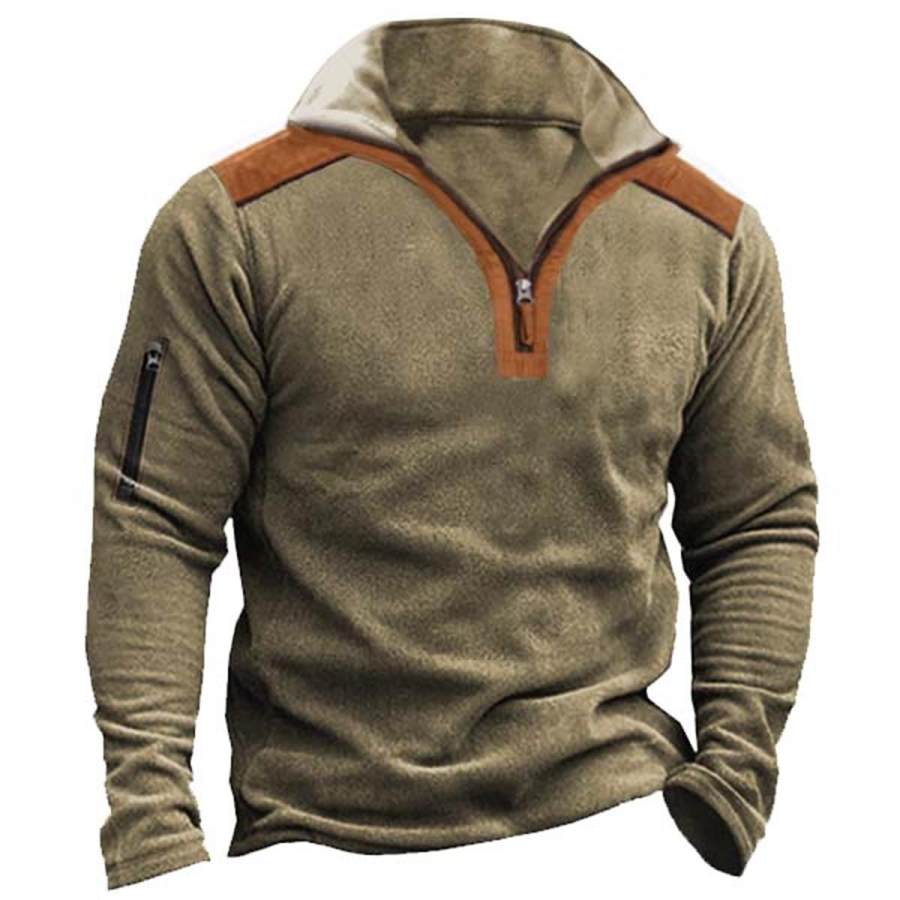 

Men's Outdoor Fleece Warm Contrast Quarter Zip Stand Collar Sweatshirt