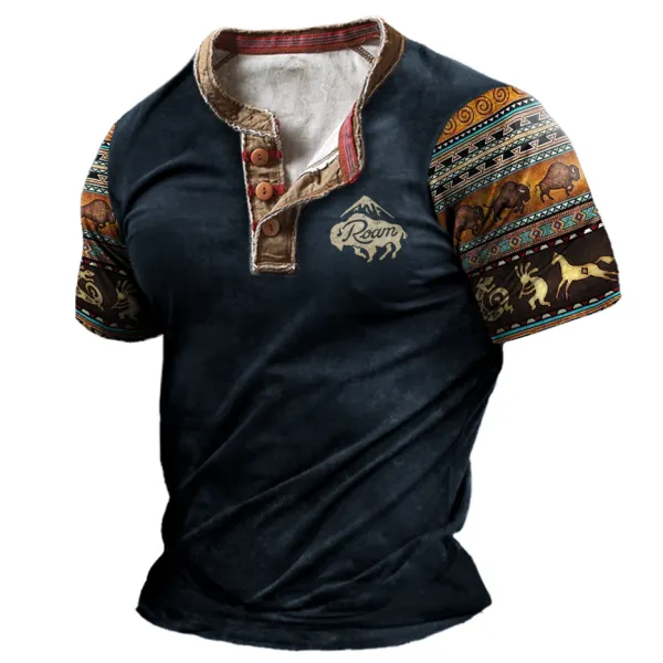 Men's Vintage Western Yellowstone Colorblock V-Neckr Short Sleeve T-Shirt - Sanhive.com 
