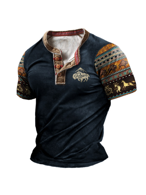 Men's Vintage Western Yellowstone Colorblock V-Neckr Short Sleeve T-Shirt