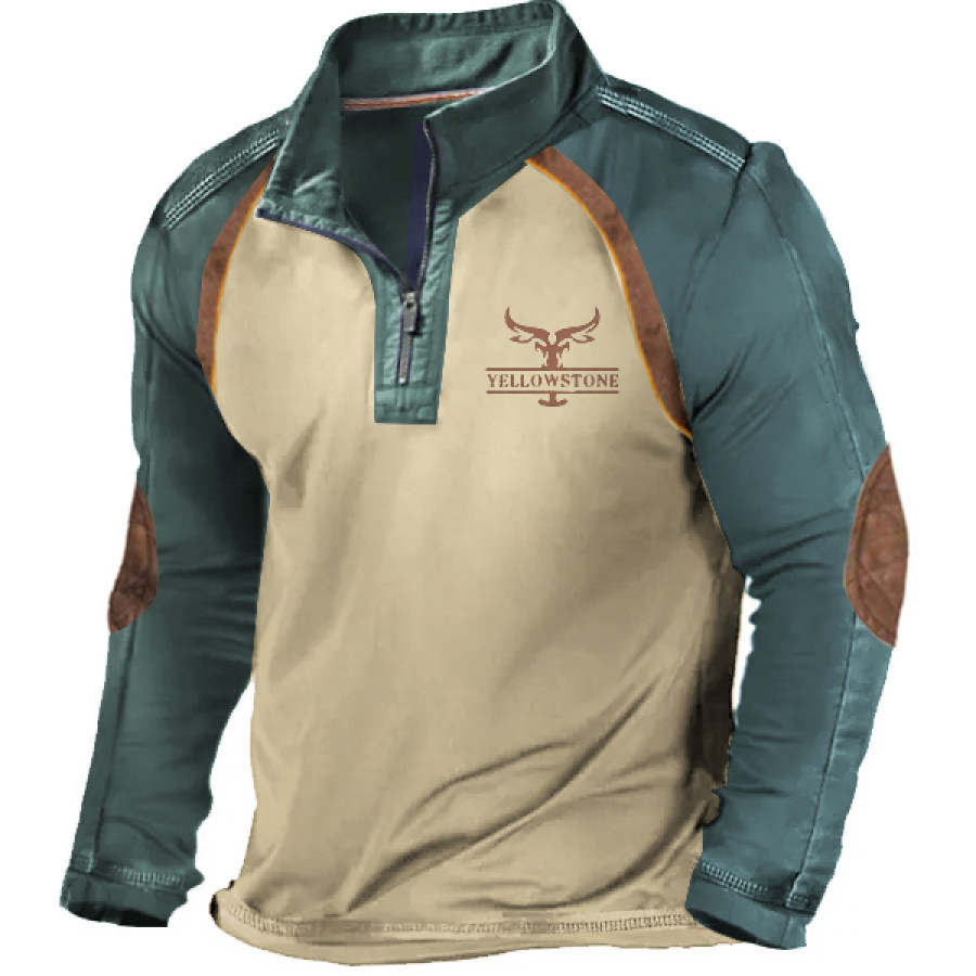 

Men's Vintage Yellowstone Zipper Stand Collar Cotton T-Shirt