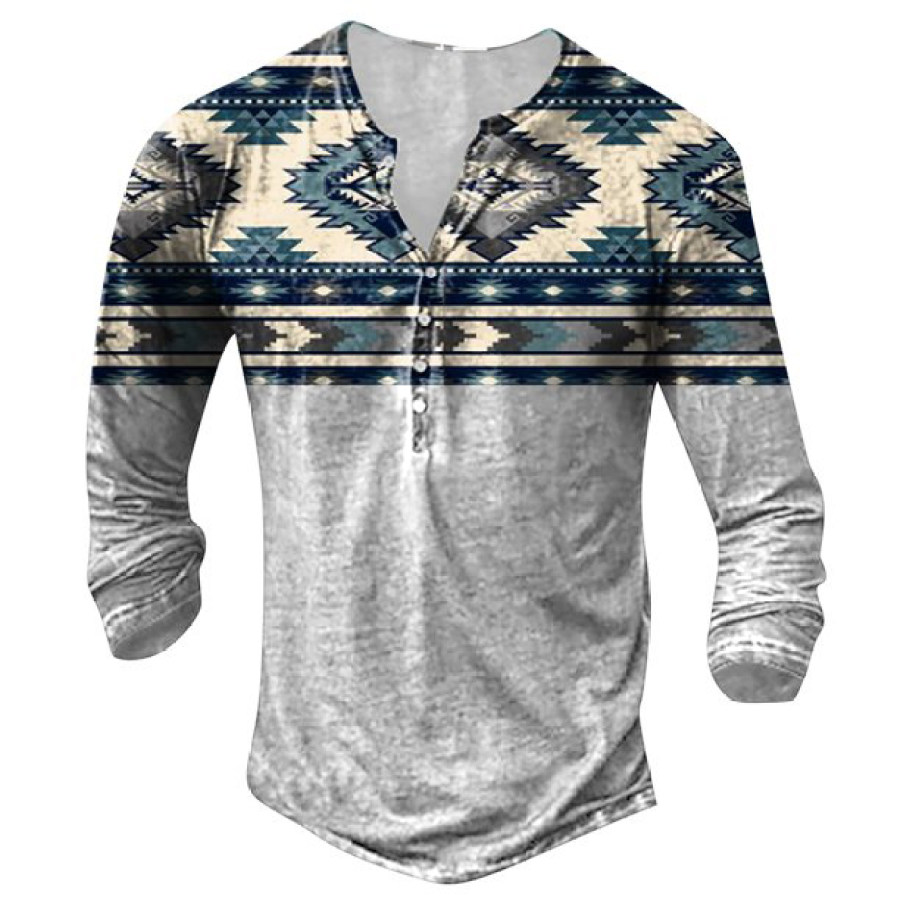 

Men's Vintage Ethnic Print Henley T-Shirt