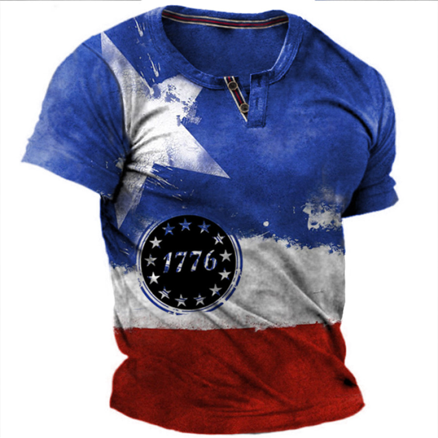 

Men's American Flag 1776 Vintage Print Henley Collar Short Sleeve T-Shirt