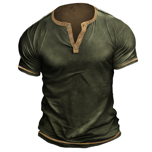 Men's Retro Contrast Color Chic Line Tactical Henley Short Sleeve T-shirt