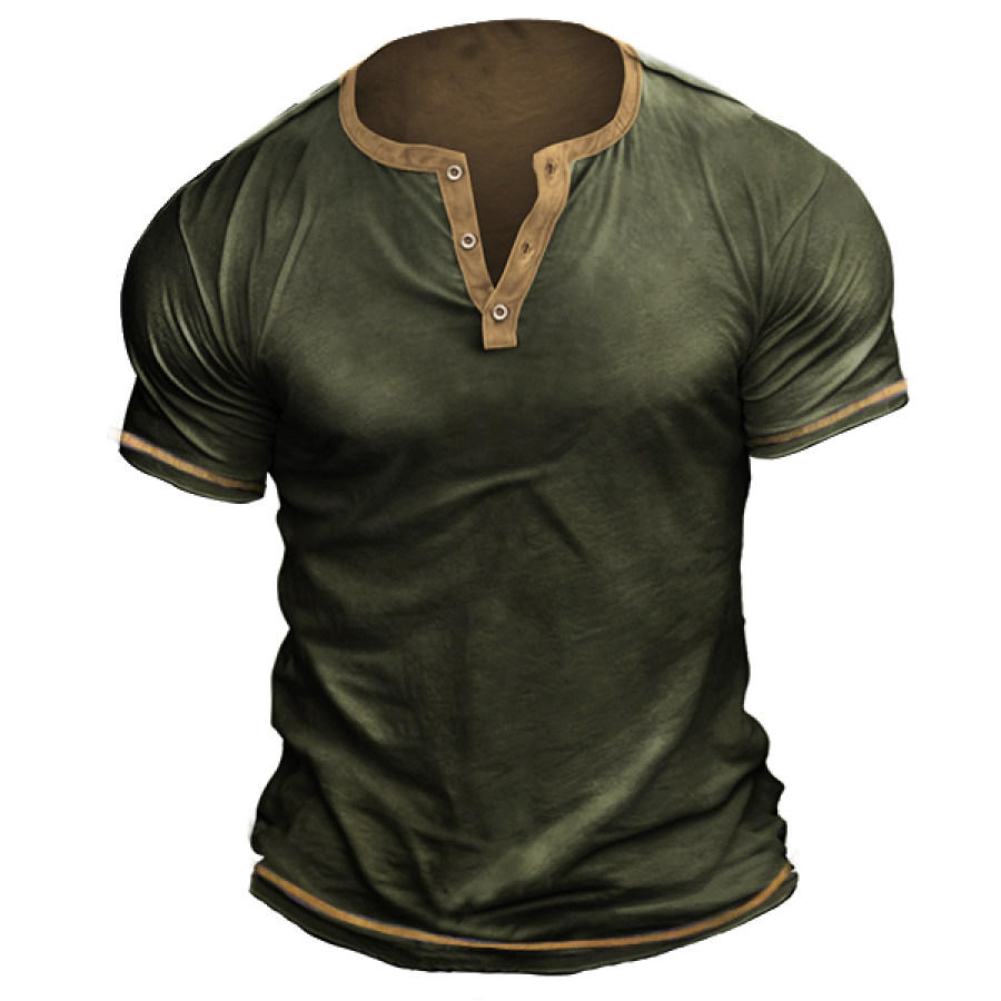 

Men's Retro Contrast Color Line Tactical Henley Short Sleeve T-Shirt