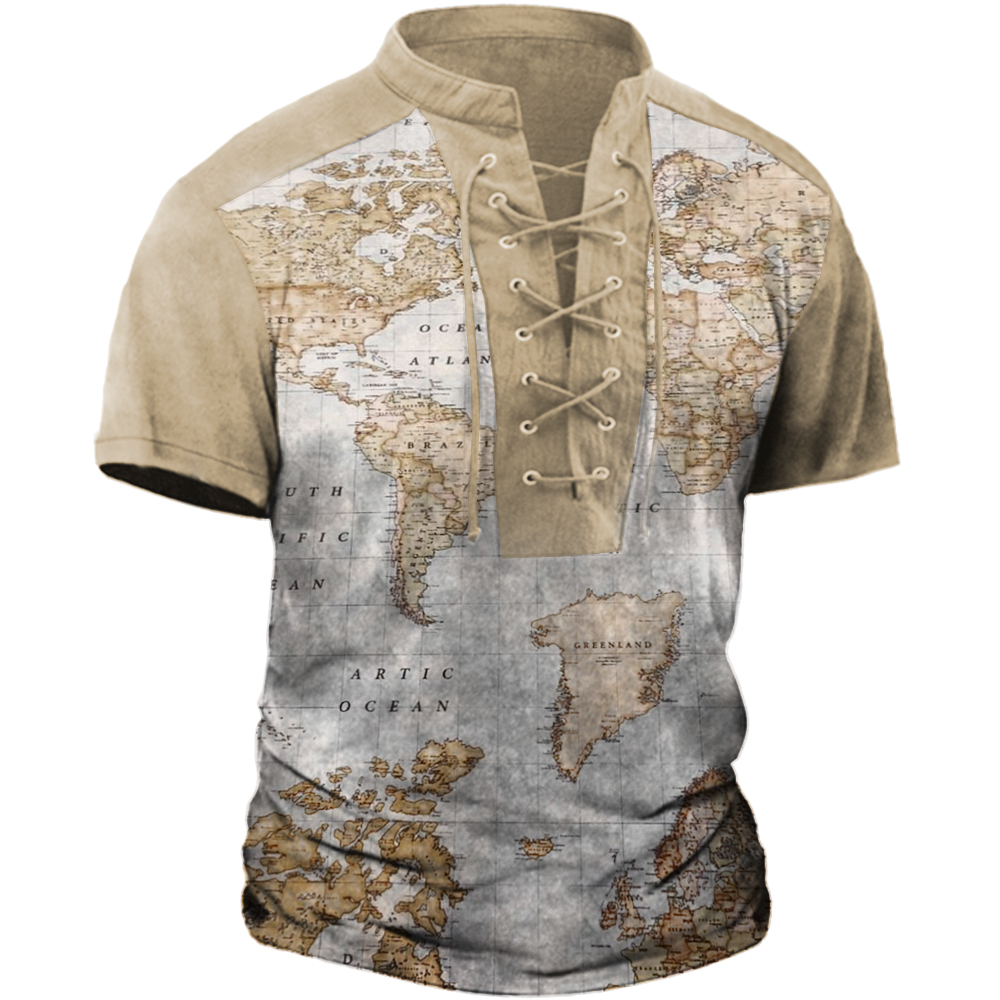 Men's Retro World Map Chic Colorblock Tie Collar T-shirt