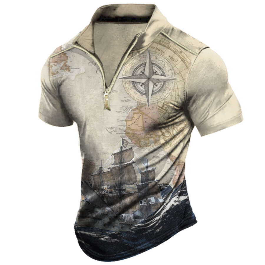 

Men's Vintage Nautical Sail Compass Print Zipper Lapel T-Shirt