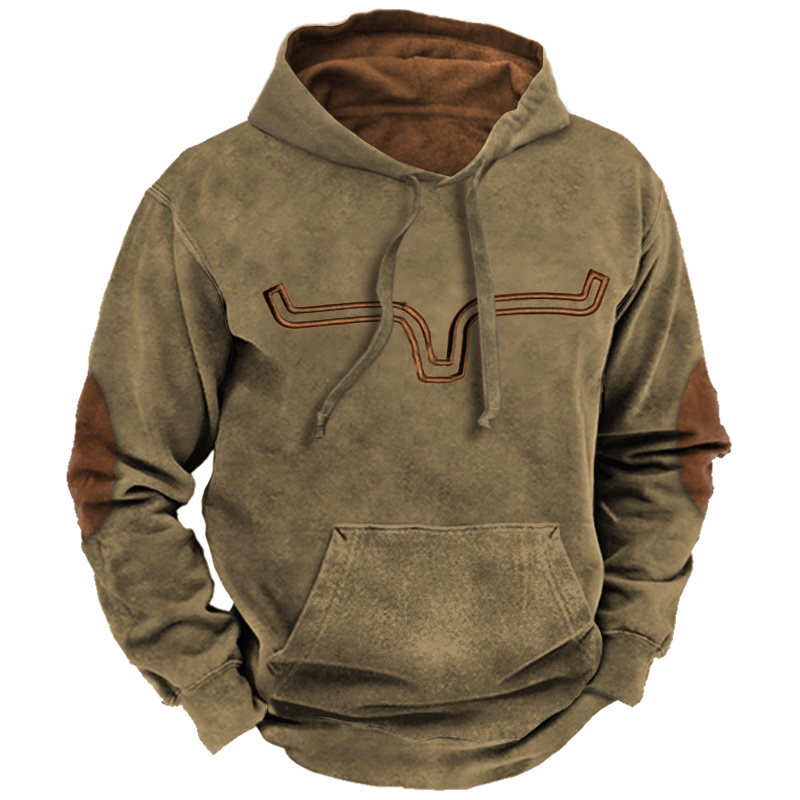 Men's Vintage Western Denim Color Block Hoodie