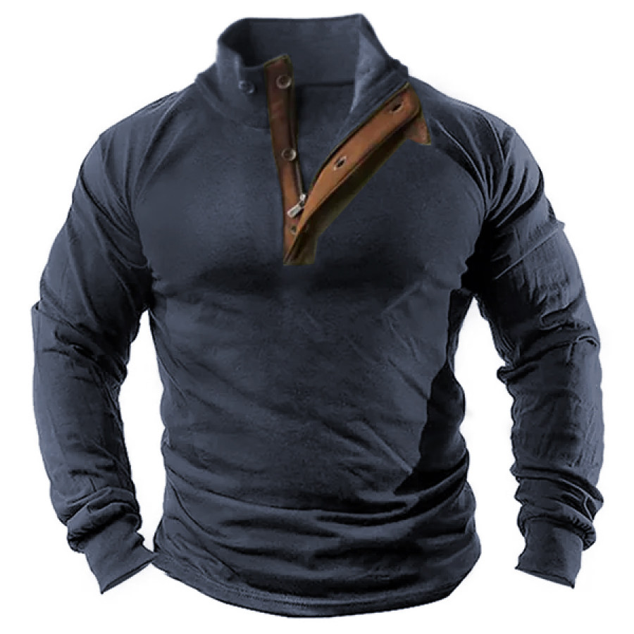 

Men's Retro Contrast Henley Stand Collar Long Sleeve T-Shirt