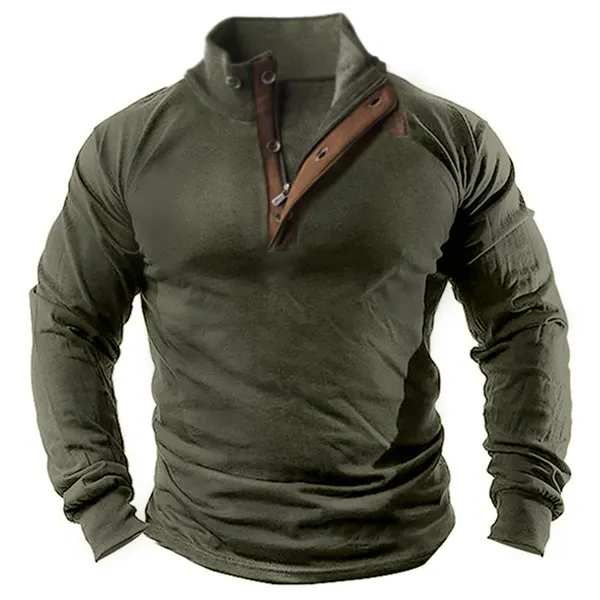 Men's Retro Contrast Henley Stand Collar Long Sleeve T-Shirt - Blaroken.com 