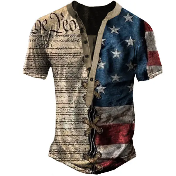 Men's American Flag Vintage Henley T-Shirt - Blaroken.com 