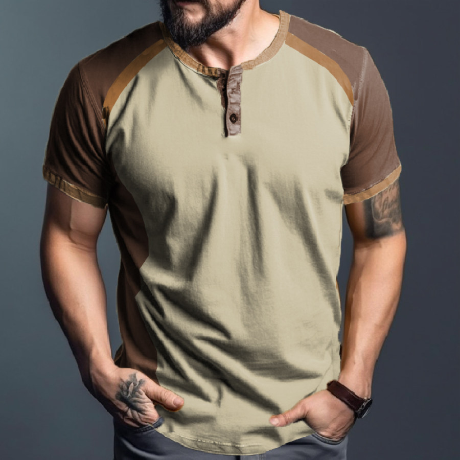 

Men's Outdoor Vintage Color Block Henley Collar T-Shirt