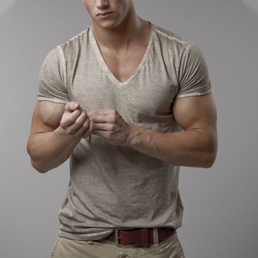 

Plain V-Neck Vintage Distressed Cotton T-Shirt