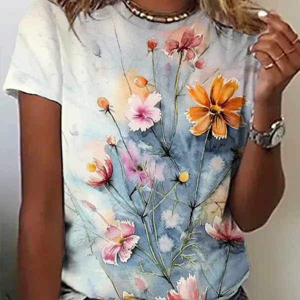 Summer Flower Print Short Sleeve Crewneck T-Shirt - Blaroken.com 