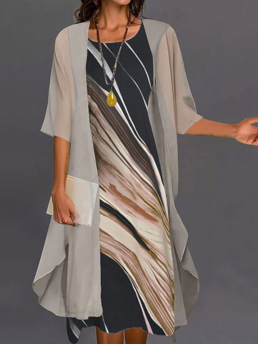 Round Neck Casual Loose Marble Print Set Midi Dress