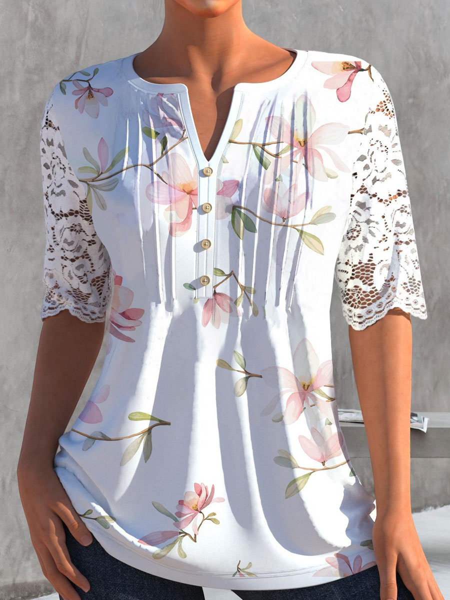 Round Neck Casual Floral Print Lace Panel Short-sleeved T-shirt