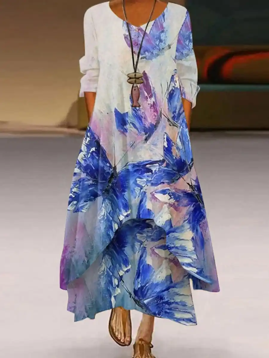 V-neck Casual Loose Floral Print Long Sleeve Maxi Dress