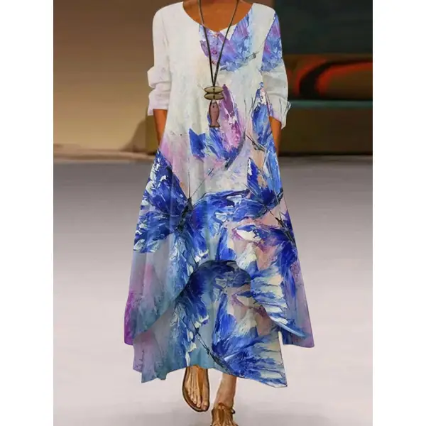 V-neck Casual Loose Floral Print Long Sleeve Maxi Dress - Chrisitina.com 