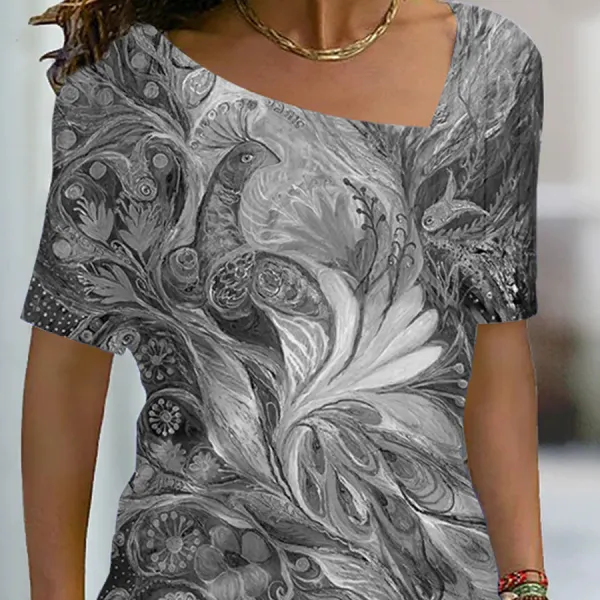 Casual Abstract Print V-Neck Short Sleeve T-Shirt - Blaroken.com 