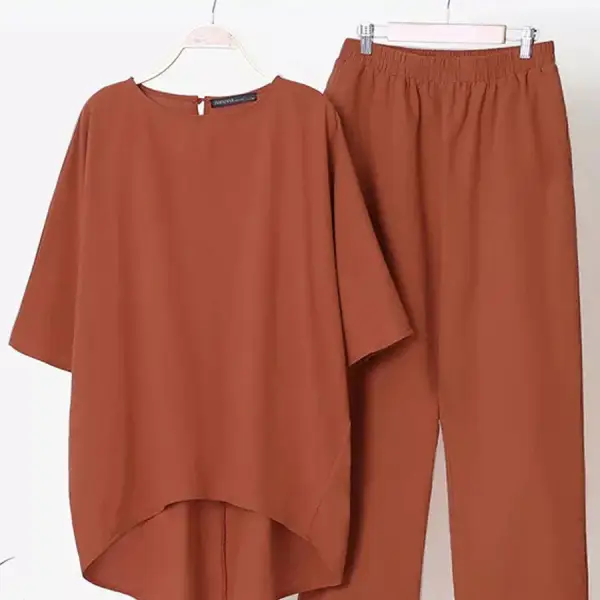 Round Neck Casual Loose Solid Color Elastic Waist Pants Suit - Blaroken.com 