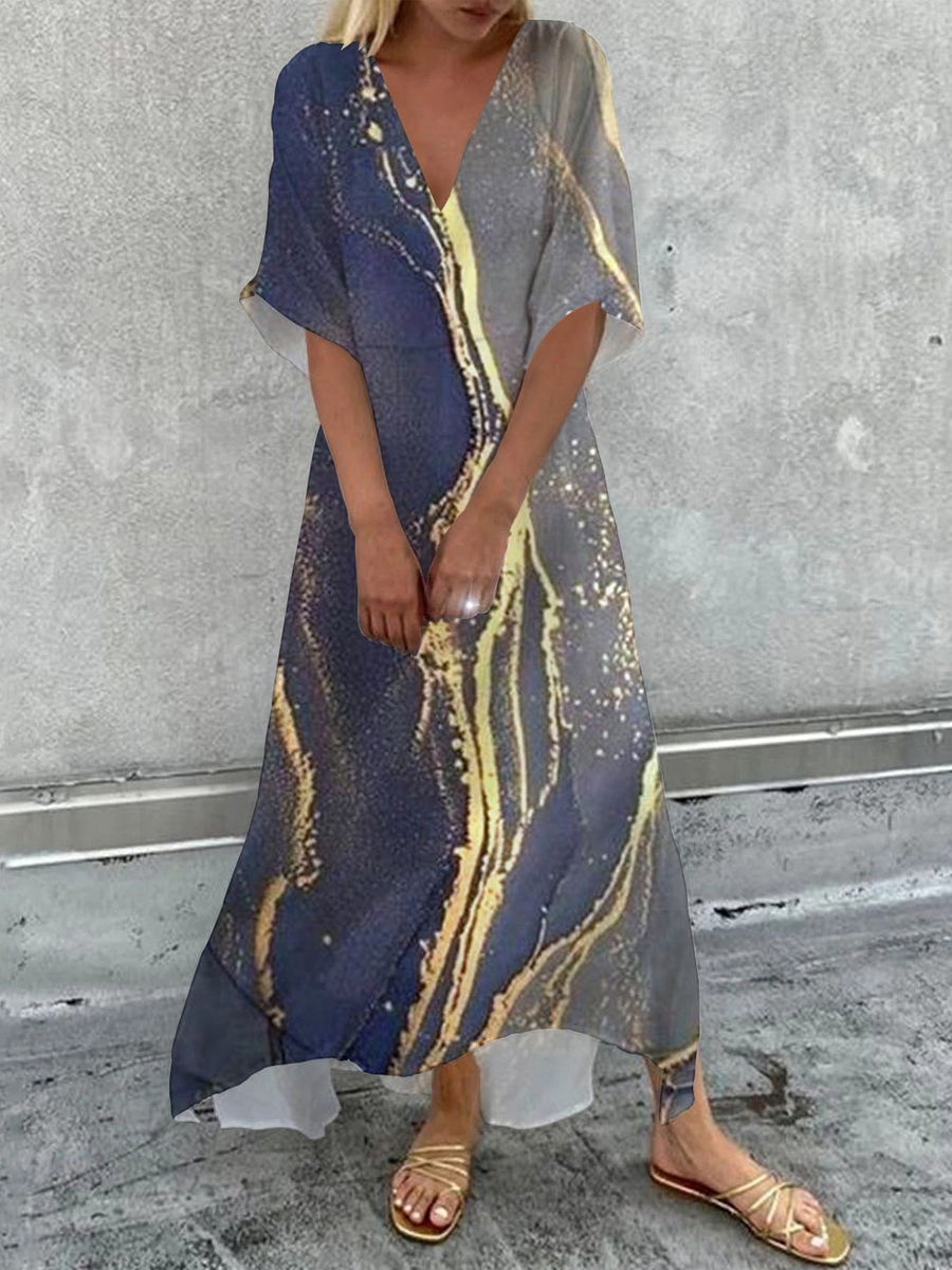 Casual Print V-Neck Half Sleeve Maxi Dress