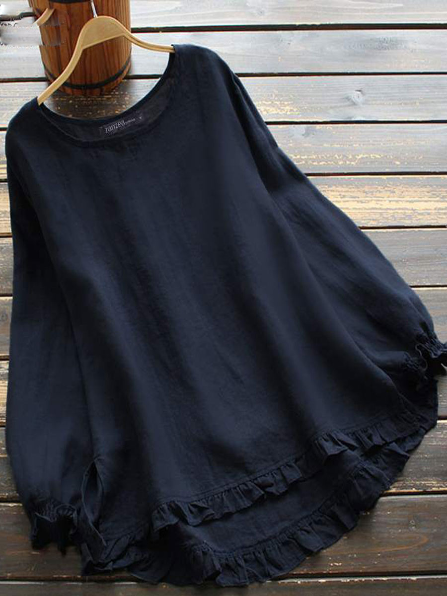 Round Neck Solid Color Loose Casual Long-sleeved Blouse