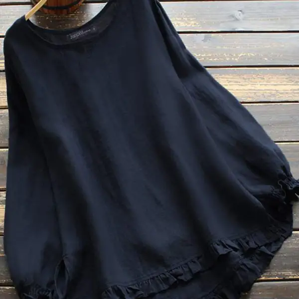 Round Neck Solid Color Loose Casual Long-sleeved Blouse - Blaroken.com 